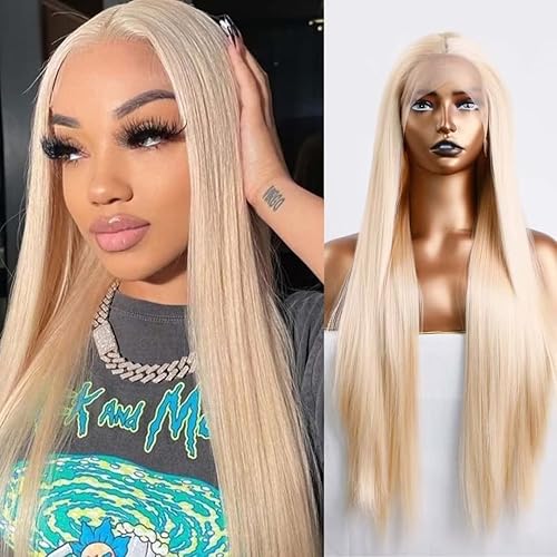 Pelucas sintéticas de encaje frontal de 24 pulgadas de largo, sedosas, lacias, rubias, con raya en el medio, pelucas de cosplay de uso diario disponible en Yaxa Peru