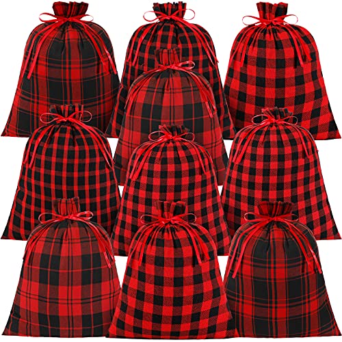 10 Pieces Christmas Buffalo Plaid Drawstring Bags Drawstring Gift Bags Santa Large Sacks Xmas Wrapping Bags Cotton Drawstring Bags Sack For Party Favors Candies (Red And Black Plaid,12 X 16 Inch) #TOP7