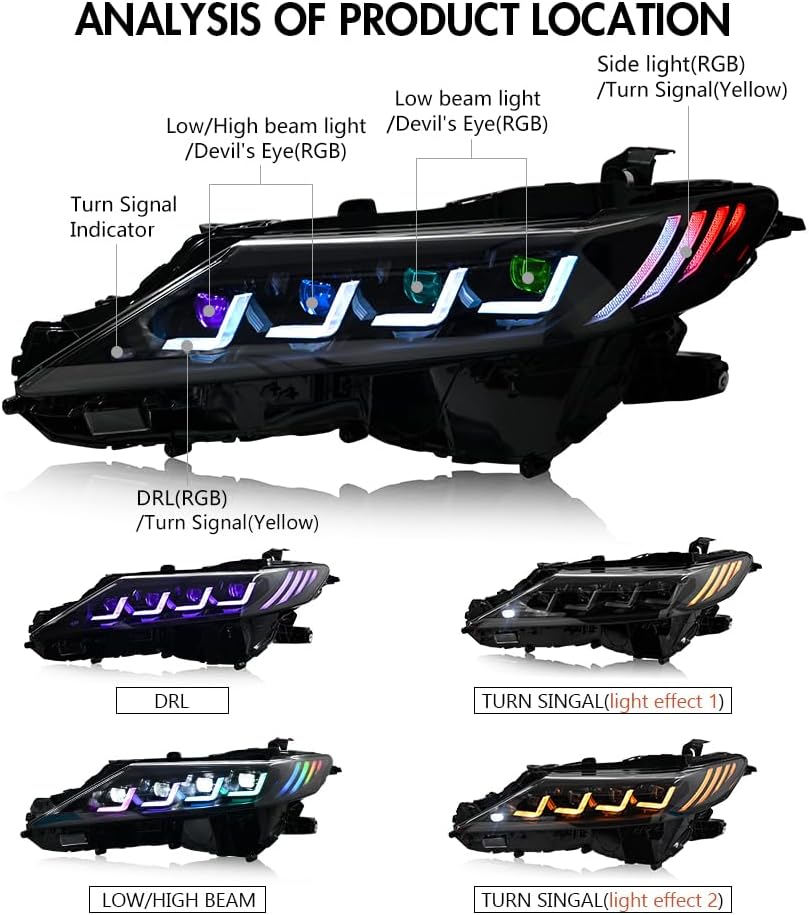 letsdate Aftermarket Headlights Fit with 2018-2024 8th Gen Camry L, LE, SE, XLE, XSE TRD, Nightshade All Models w/Start-up Animation w/Amber Switchback Signal Lights, Multicolor DRL