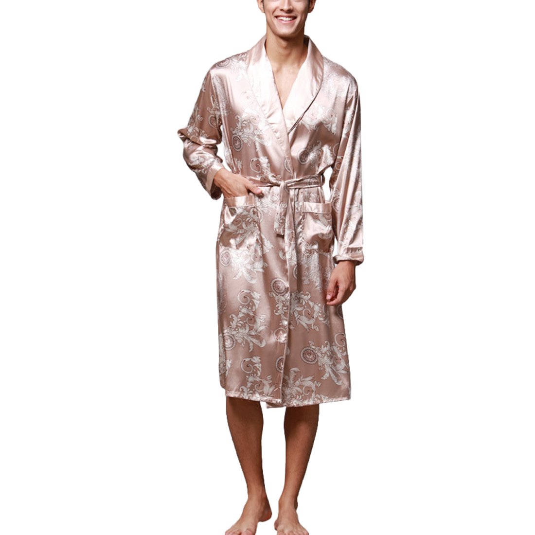 ibella Men's Bathrobe, Gown, Bathrobe, Yukata Style, Open Front, Satin Fabric, Silky Touch, Stylish, Long Length, Kimono, Thin, Spring, Summer, Autumn L Camel