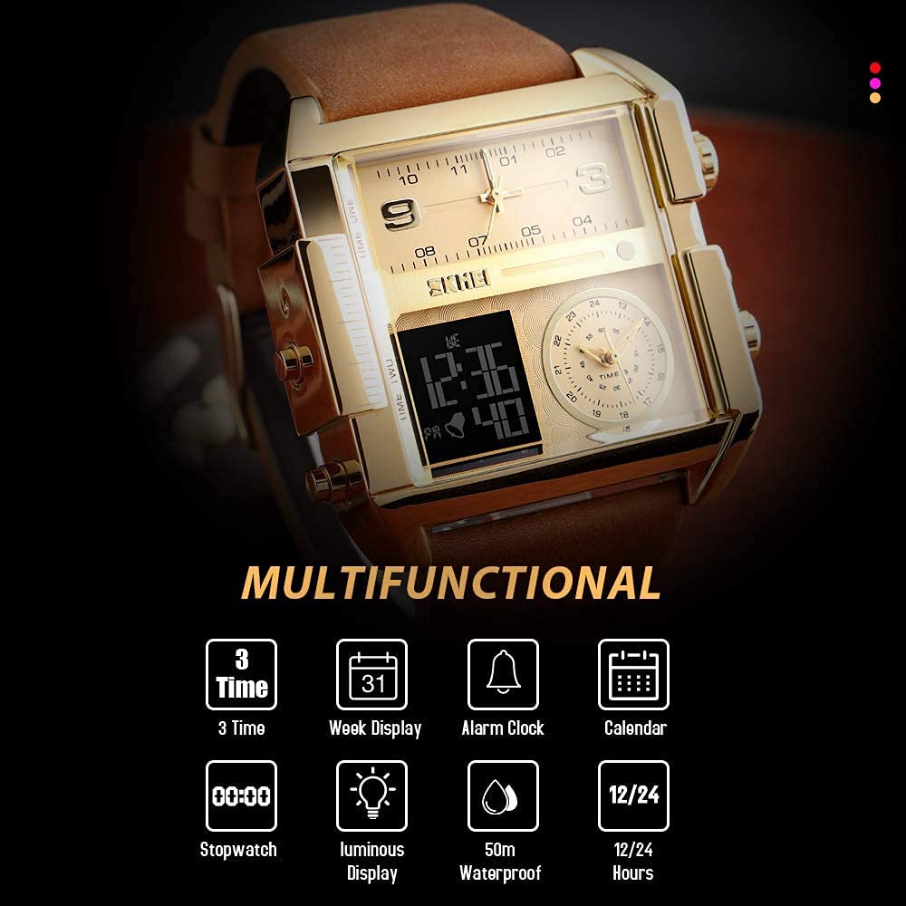 SKMEI Reloj Deportivo Digital para Hombre, retroiluminación Cuadrada, Pantalla Grande, Zona horaria múltiple, Reloj analógico Digital Resistente al Agua para Hombre (Tamaño Grande 51 mm)