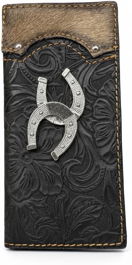 Men’s Western Long Leather Wallet - Black Floral Tooled Rodeo Billfold with Cowhair Inlay & Silver Horseshoe Conchos - Handcrafted Made in Mexico