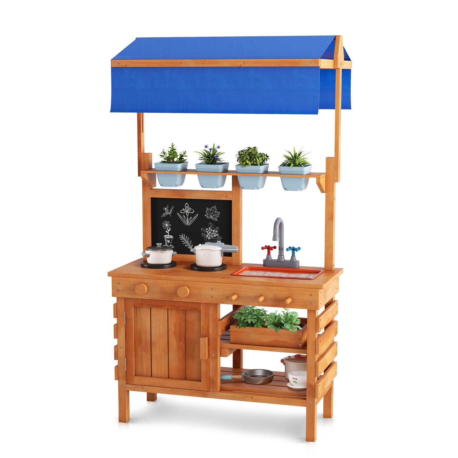 COSTWAY Mud Kitchen, Fir Wood Outdoor Kitchen Playset with Adjustable Canopy, Sink, 4 Pots, Chalkboard, Kids Potting Bench for Boys Girls Ages 3+
