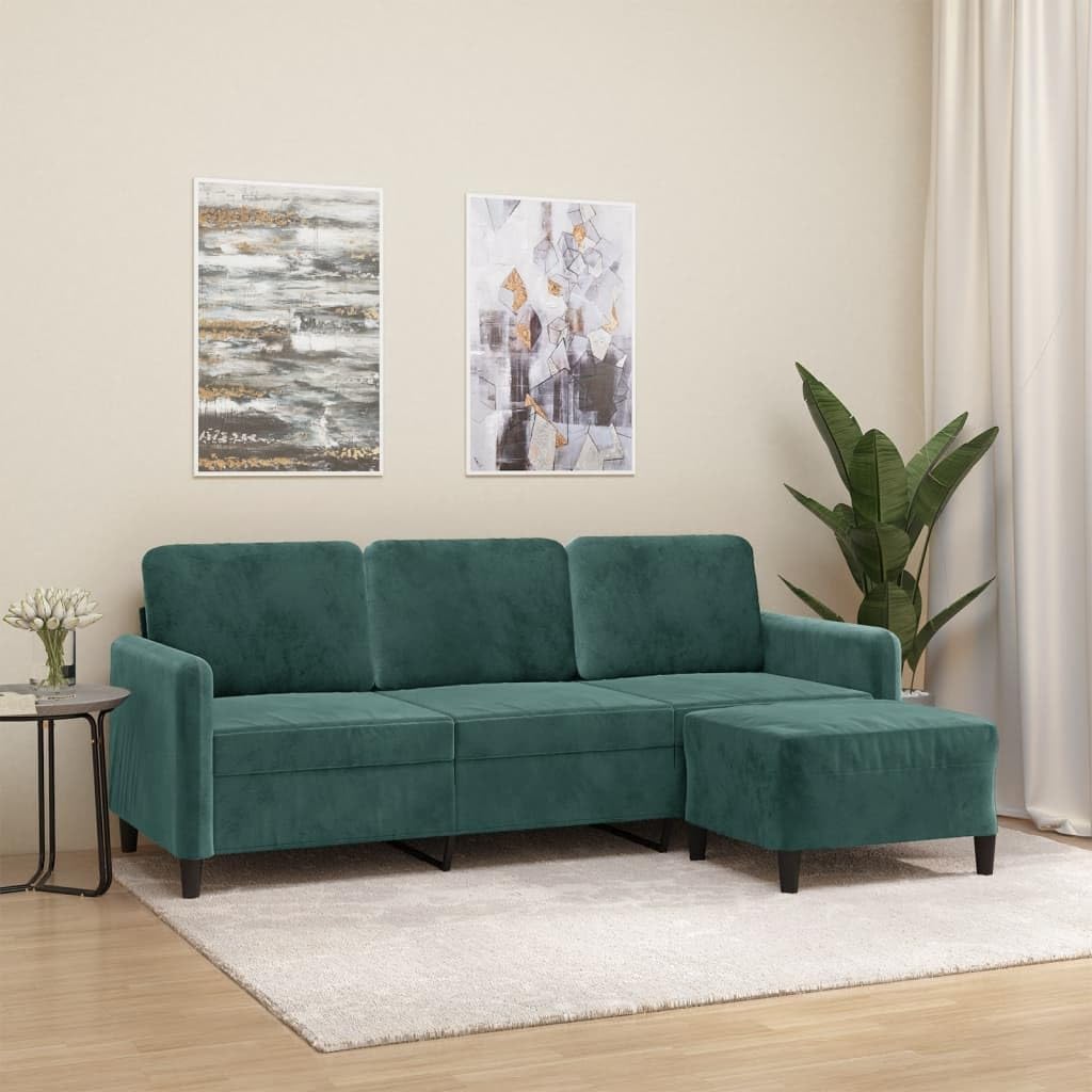 Générique Divano a 3 posti in velluto verde scuro con poggiapiedi 180 cm, moderno con pouf, struttura in compensato e metallo, comodo per soggiorno