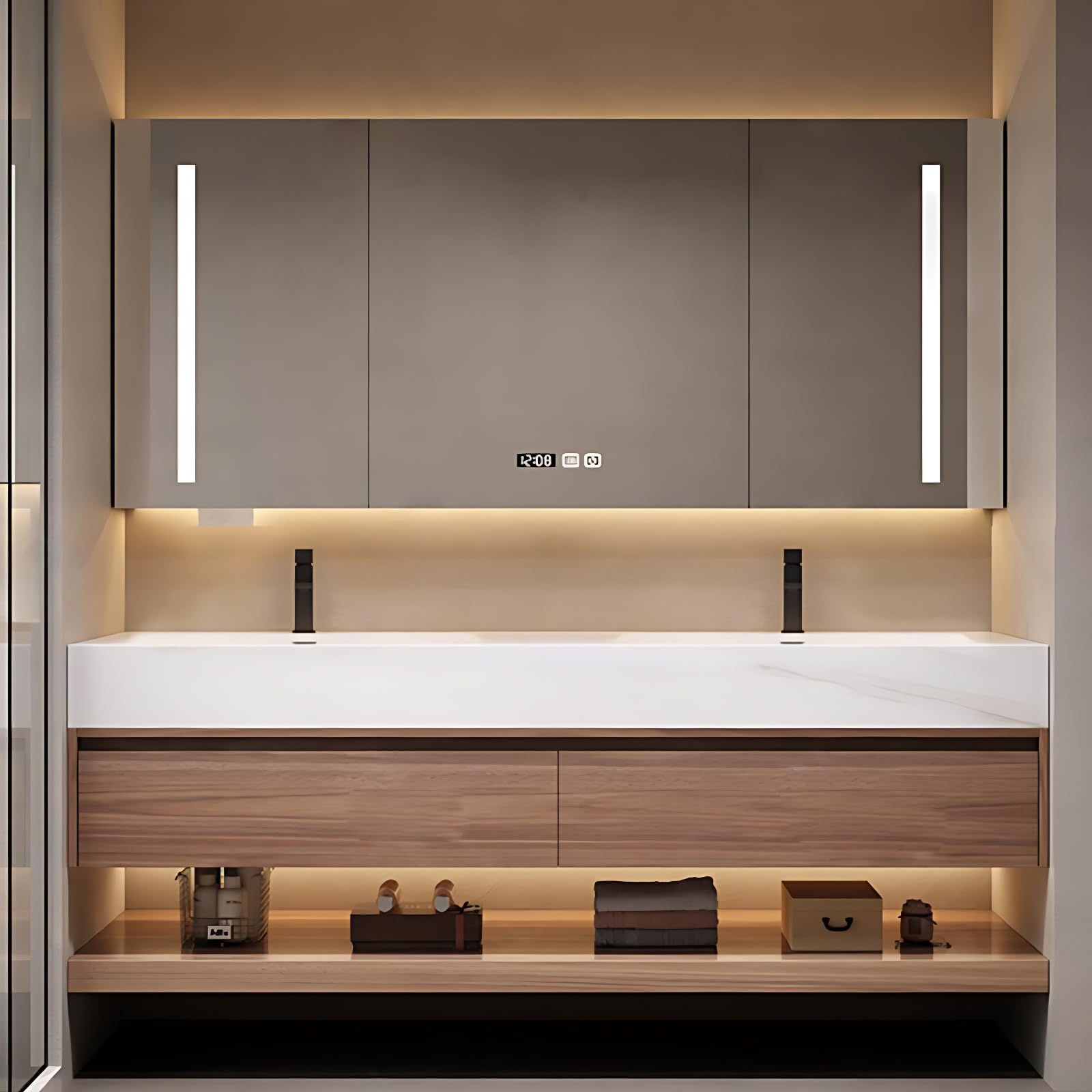 Juego de tocador de baño marrón claro de 52 pulgadas con doble fregadero integrado, espejo LED, gabinete de madera maciza, diseño moderno para baños elegantes