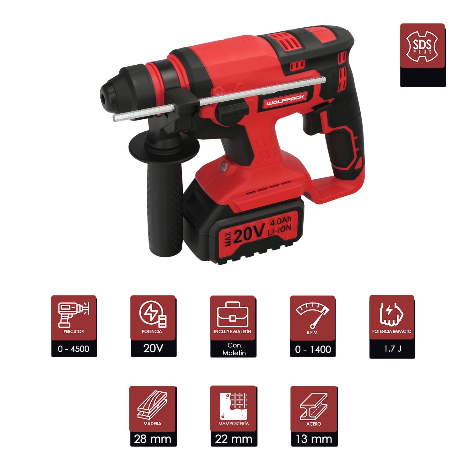 WOLFPACK LINEA PROFESIONAL Młot SDS PLUS do akumulatora 20 Volt. Z akumulatorem 4,0 Ah. 1400 obr./min. 3 funkcje dłutowania, wiercenia i wiercenia młotkiem