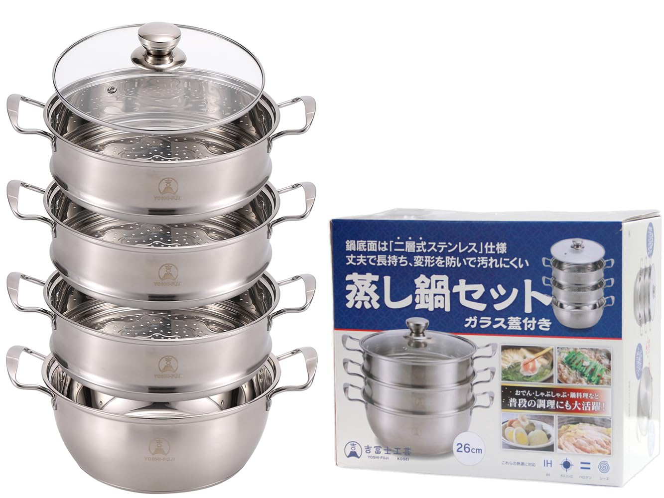 吉冨士工芸 蒸し器 26cm ガラス蓋付 IH対応 ステンレス製 蒸し鍋 変形を…