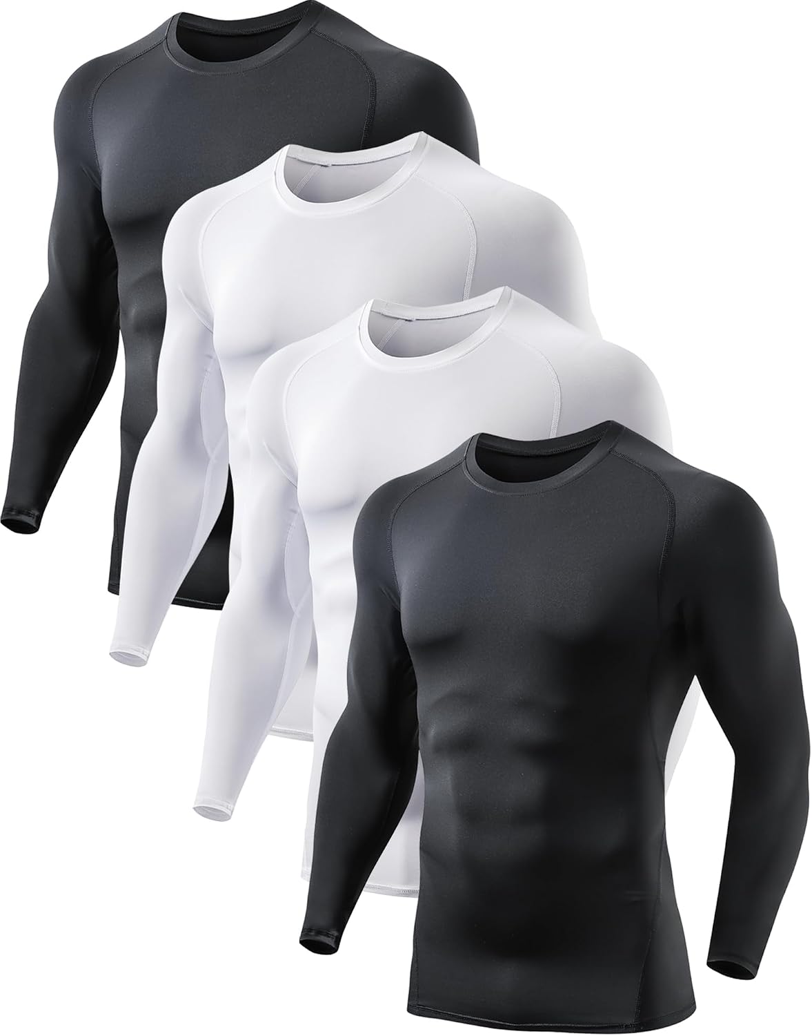 Men's Compression Shirts, 4 Pack Long Sleeve UPF SPF Rash Guard Workout, Super Elastic Base Layer Undershirt Gear, Dry Athletic Workout Shirts, Winter Sports Thermal Tight, Black, White