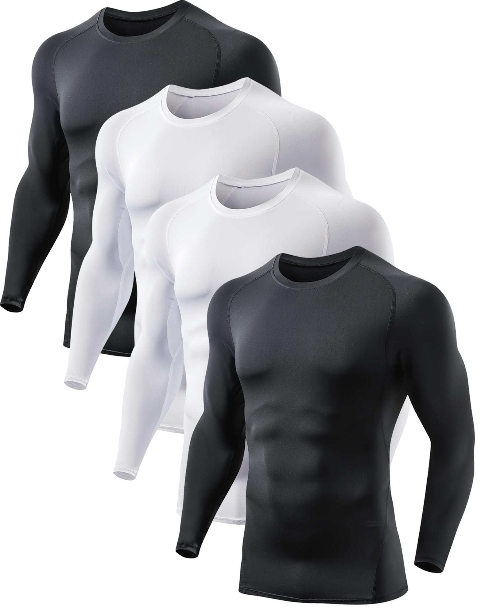 Men's Compression Shirts, 4 Pack Long Sleeve UPF SPF Rash Guard Workout, Super Elastic Base Layer Undershirt Gear, Dry Athletic Workout Shirts, Winter Sports Thermal Tight, Black, White
