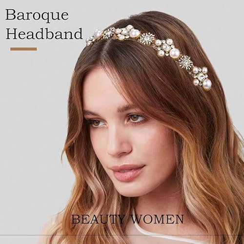 Miniatura 3 de Firuilo Diadema de perlas doradas, con diamantes de imitación barrocos, aro de flores de cristal con lazos para el pelo con cuentas, diademas finas