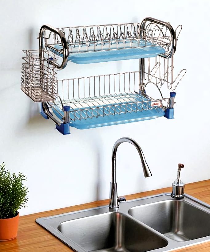 Image of AMOL Premium Stainless Steel Dish Rack | Utensils Holder | Vessels Stand | Kitchen Organizer | Drainboard Stand | Glass Hanger | Cutlery Holder | Plate Drainer | Kitchen Rack