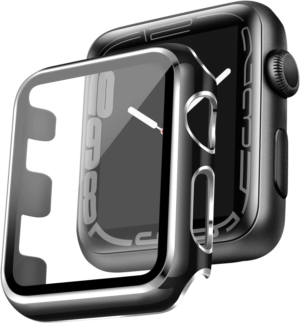 LEHOO PC 44mm Cover Compatible with Apple Watch Case Series SE/6/5/4 with Built-in Tempered Glass Screen Protector 44mm, Anti-Scratch Bumper for iWatch (44mm, Black + Silver Edge)