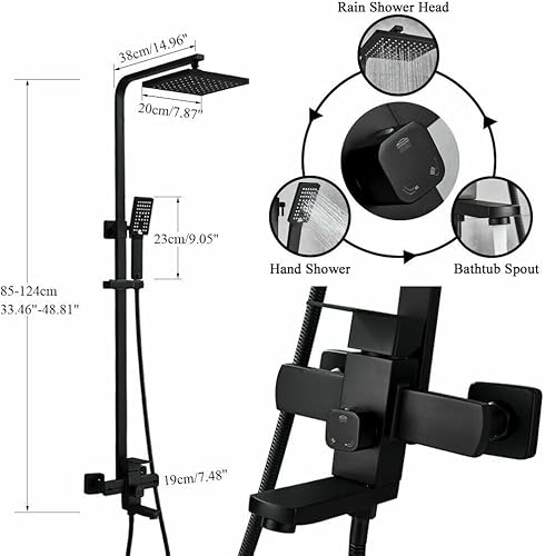 Miniatura 4 de Sistema de ducha de latón negro mate con cabezal de ducha de 8 pulgadas y rociador de mano, 2 asas cruzadas, juego completo con boquilla de ducha