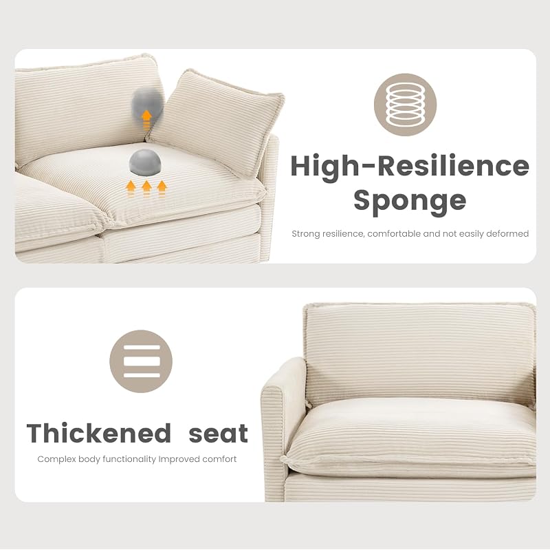 ROWHY 112'' Modular Sectional Cloud Couch with Movable Ottoman, 4 Seat Modern Corduroy Sofa, Deep Seat L Shaped Couch for Living Room Bedroom Apartment, Beige image 6