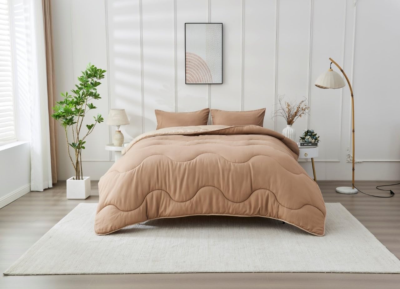 Reversible Coverless 10.5 Tog Quilt Duvet Set With Matching Pillowcases - Winter Warm Soft Lightweight Quilt Wavy Stitching, 100 % Polyester Washable Bedding (Natural-Dark Natural, Single)