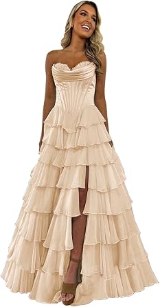 Tiered Chiffon Satin Prom Dresses for Women 2025 Long Ruffles Strapless Formal Gowns and Evening Dresses with Slit