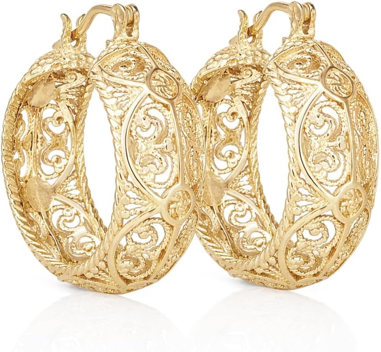 Gold Hoop Earrings for Women, Vintage Style Filigree Hoop Earrings, Lightweight & Comfortable, Gold Earrings in 18K Gold Finish - Secure Latch-Back Closure - Gift for Special Occasions