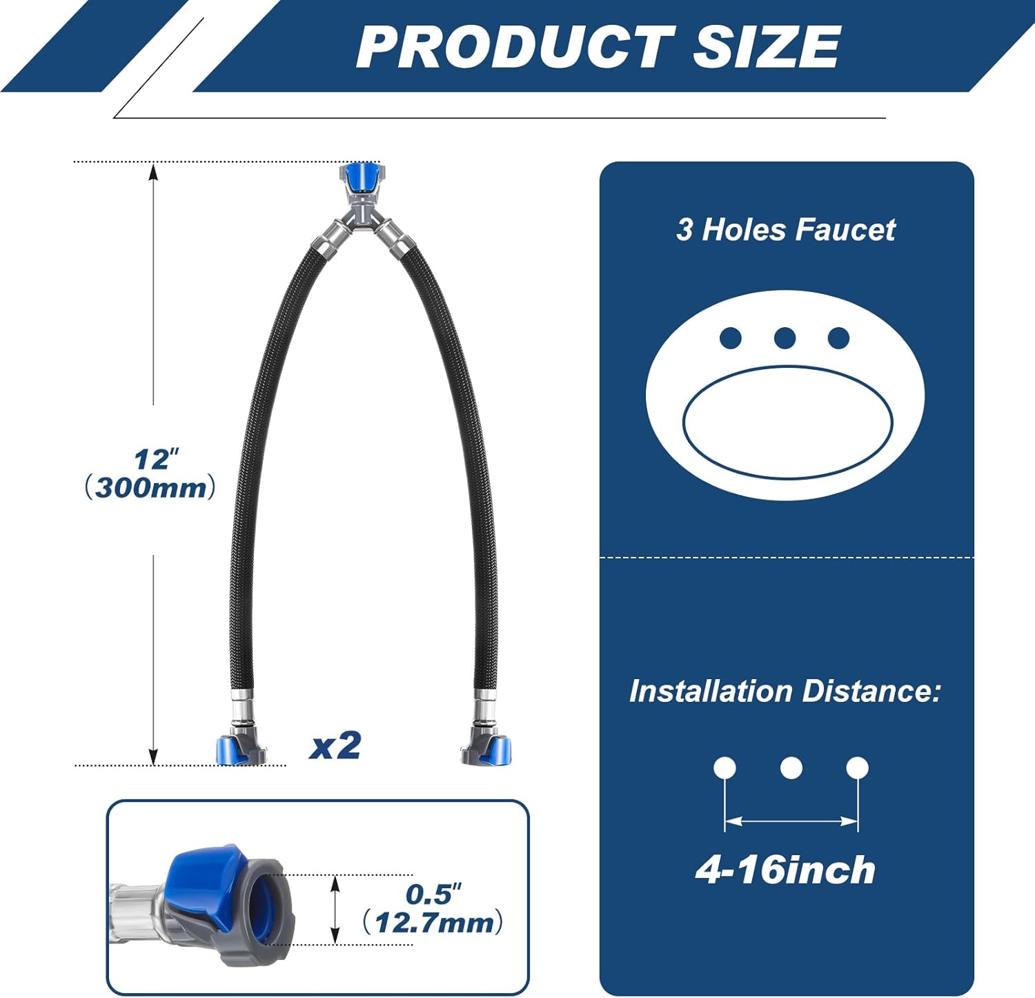 Otoolling 2 Pcs 12 Inch Quick Connect Water Hose Faucet Supply Lines Hot & Cold Water Mixer Line Replacement V-shape Widespread Bathroom Sink Faucet Y Hose with Snap-in Fast Lock Pipe(Black Blue) Black Blue 12 Inch