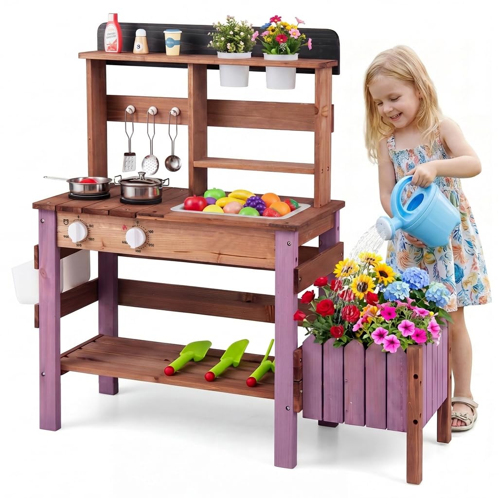 Maxmass Kids Mud Kitchen, Garden Potting Bench with 2 Planting Pots, 2 Storage Bins, 2 Trowels, 1 Rake, 1 Planter Box, Water Sink, Outdoor Play Kitchen Pretend Toy Set for 3+ Years Old