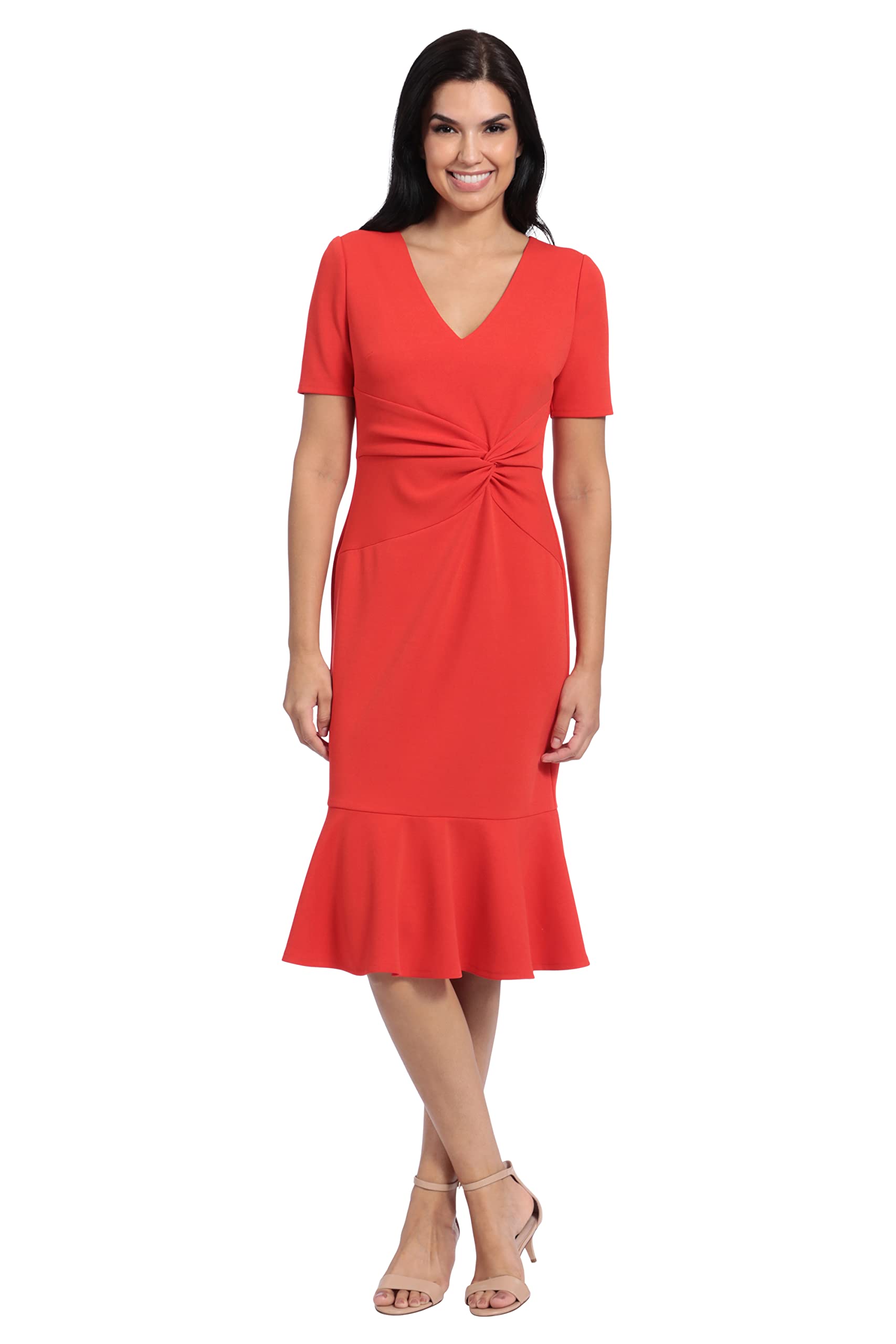 London Times Women's V-Neck Dress - Flounce Hem, Twist Waist, Elegant Office &amp; Event Wear