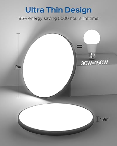 Miniatura 4 de JACKYLED Paquete de 6 lámparas de techo de 12 pulgadas, 5000 K, luz diurna blanca LED, luz de techo empotrada, súper brillante de 30 W, 3000