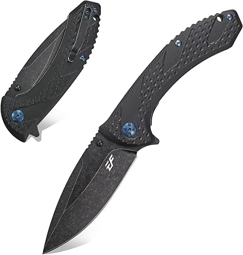 Eafengrow EF927 Cuchillo de bolsillo D2 Hoja de acero con revestimiento de óxido negro, cuchillo para exteriores, mango G10, rodamiento de bolas,