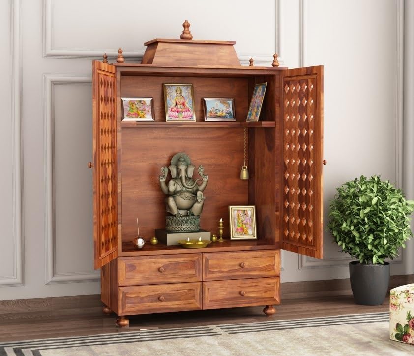 Handcrafted Sheesham Wood Temple with Honey Oak Finish | Solid Wood Pooja Mandir with Storage Drawer | Traditional Home Mandir for Spiritual Spaces