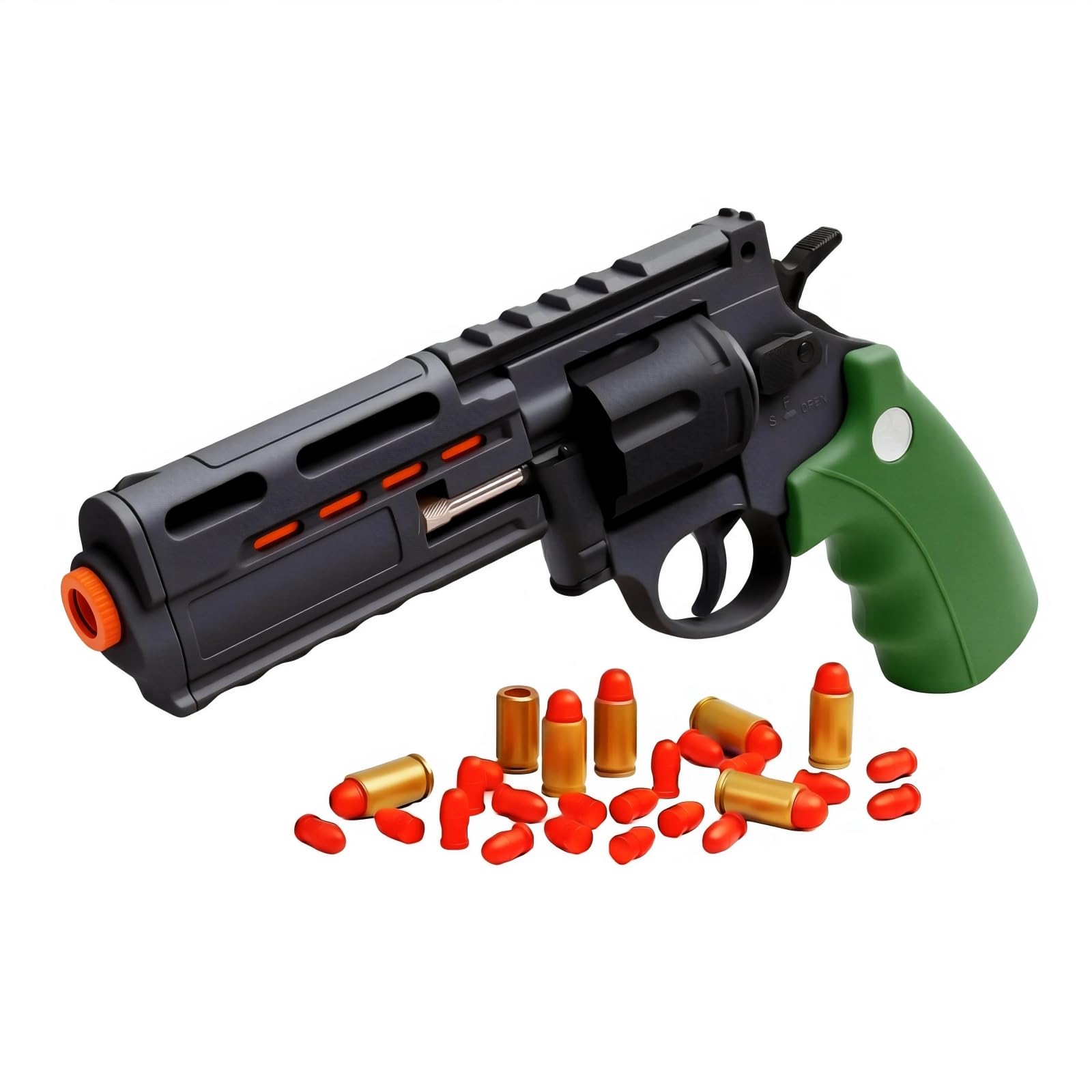 BSHSM Green Revolver Toy Gun for Kids 8+ - Outdoor Foam Bullet Blaster with 18 Shells & 100 Bullets, 32 Feet Range, Steel Ejector Rod & Auto-Rotating