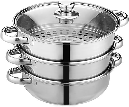 Olla de vapor para cocinar olla de vapor de 11 pulgadas, olla de vapor de 3 niveles multiusos de acero inoxidable 188 con tapa para verduras,