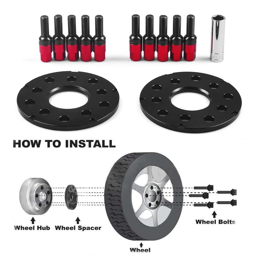 Aleación Aluminio Espaciadores 5mm 8mm para VW Adaptadores Espaciadores De Rueda De Coche PCD 5x100 5x112 CB 57,1mm Y Pernos De Bola M14 * 1,5(5mm Red)