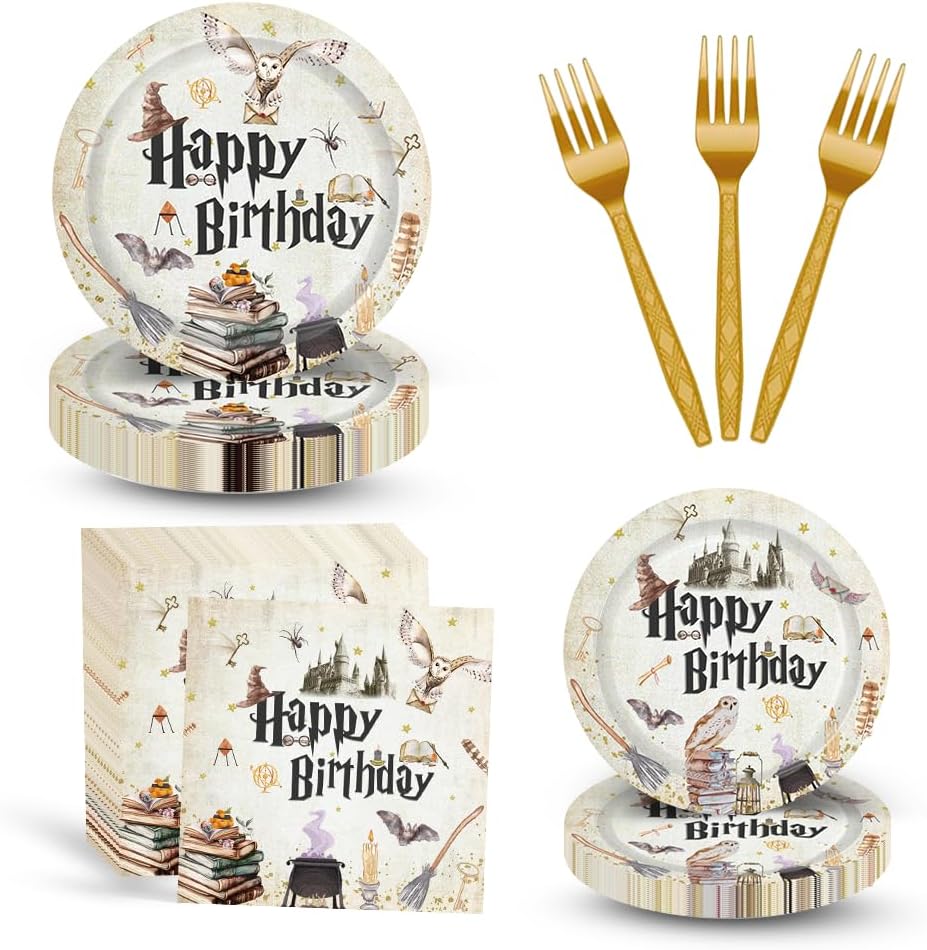 96PCS Magical Wizard Party Plates Halloween Wizard Witch Birthday Baby Shower WeddingTableware Set Summer Castle Owl Party Table Supplies Decorations Favors Serves 24 Guests