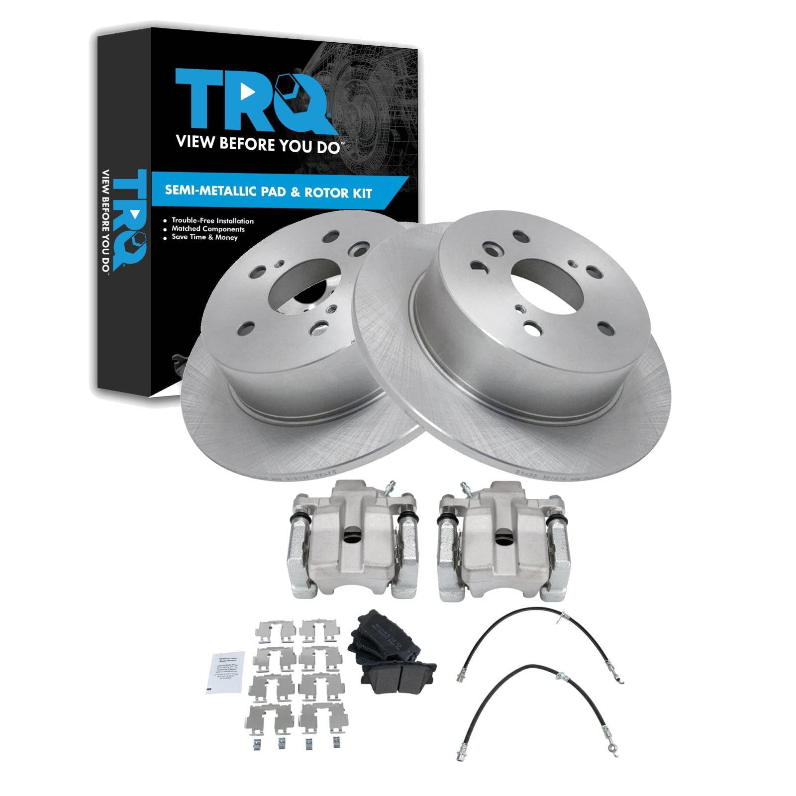TRQ Rear Brake Pad and Rotor Set Semi Metallic Rotors Calipers Compatible with 2007-2012 Lexus ES350 2008-2012 Toyota Avalon 2007-2011 Camry
