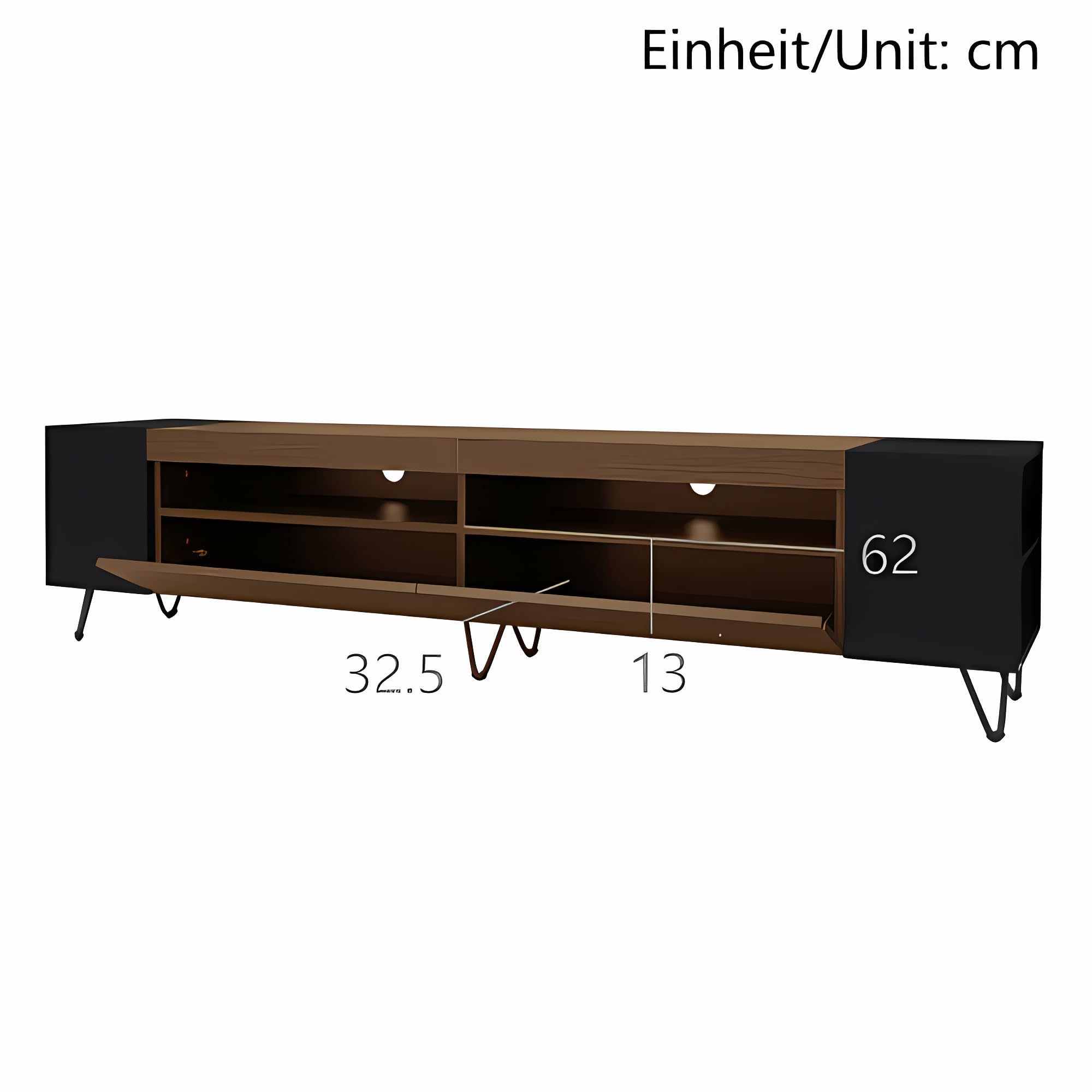 TV Schrank 160cm mit offenen Ablagen und Stauraumbereich lowboard in Holzoptik mit Metallfüßen geeignet fernsehschrank für Wohnzimmer Schlafzimmer Moderne tv Board Schwarz