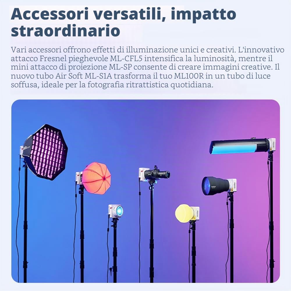 Godox ML100R - Kit di illuminazione video RGB LED 110 W, 1800 K-10000 K, CRI 97 +/TLCI 98+, controllo app, ricarica USB-C, 14 effetti FX, per Live Streaming/Outdoor Fotografia (AK-B02 V-Mount KIT)