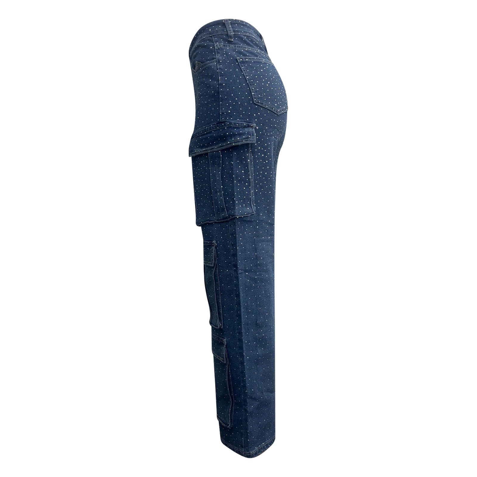 Generisch Jean sarouel pour femme avec strass, jambes larges, coupe droite, strass, taille haute, coupe ample, coupe ample, dégradé de couleur diamant
