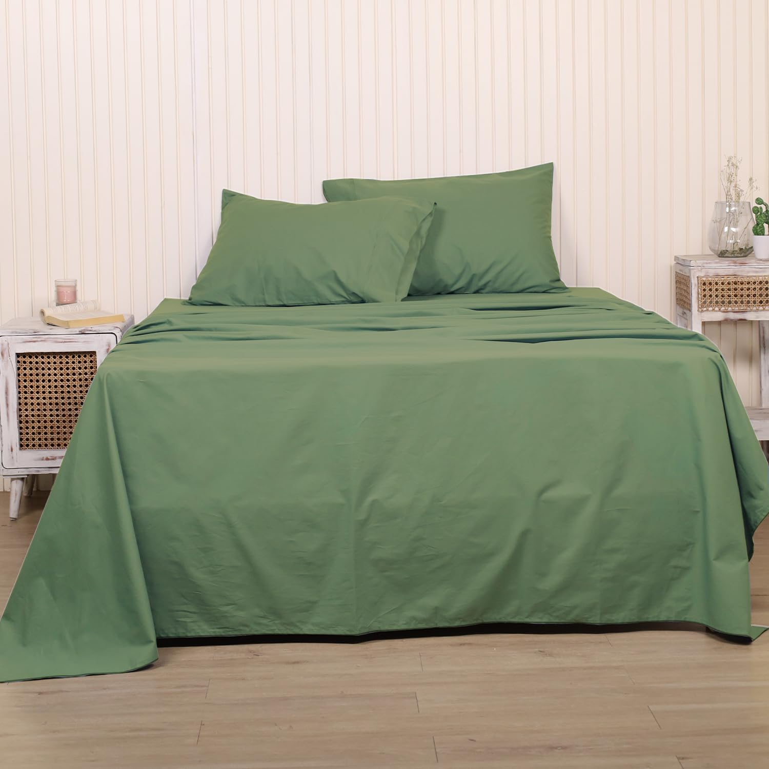 LINENWALAS 100% Pure Cotton Percale Linen Bedsheet for Super King Bed Size Bedding with Pillow Cover for Bedroom, Soft Smooth Crisp Hotel Quality Flat Sheets for Summer (120x108 Inch, Avocado Green)