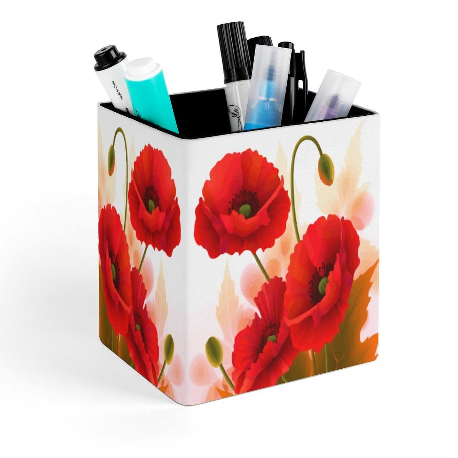 VstaDank Poppy Flowers Vivid Petals Pen Holder Square Pencil Holder Leather Pencil Cup Pen Organizer Makeup Brush Holders Pen Cups Desktop Stationery Organizer for Home Office Desk Organizers
