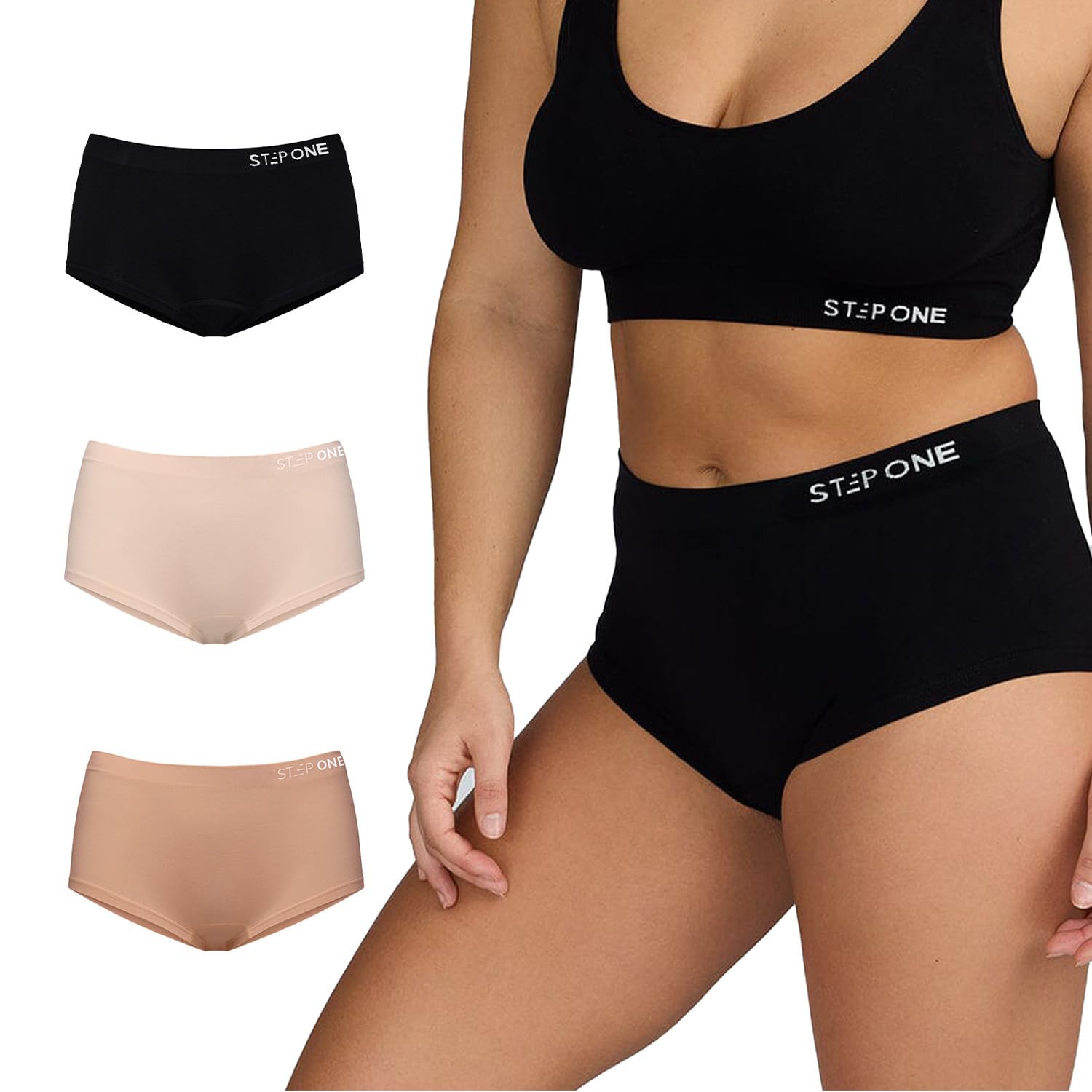 Step One Women's Black Nude Tan Smoothfit Boyleg Briefs, 3 Pairs, Ultra-Soft, Breathable Bamboo Moisture Wicking Underwear Hypoallergenic Underwear For Low Rise & Stretchy Mixed Pack Medium