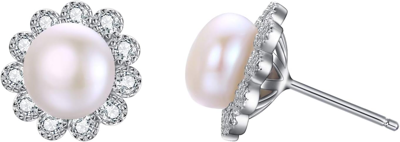 EVER FAITH 925 Sterling Silver 8MM AAA Freshwater Cultured Pearl CZ Elegant Sunflower Stud Earrings