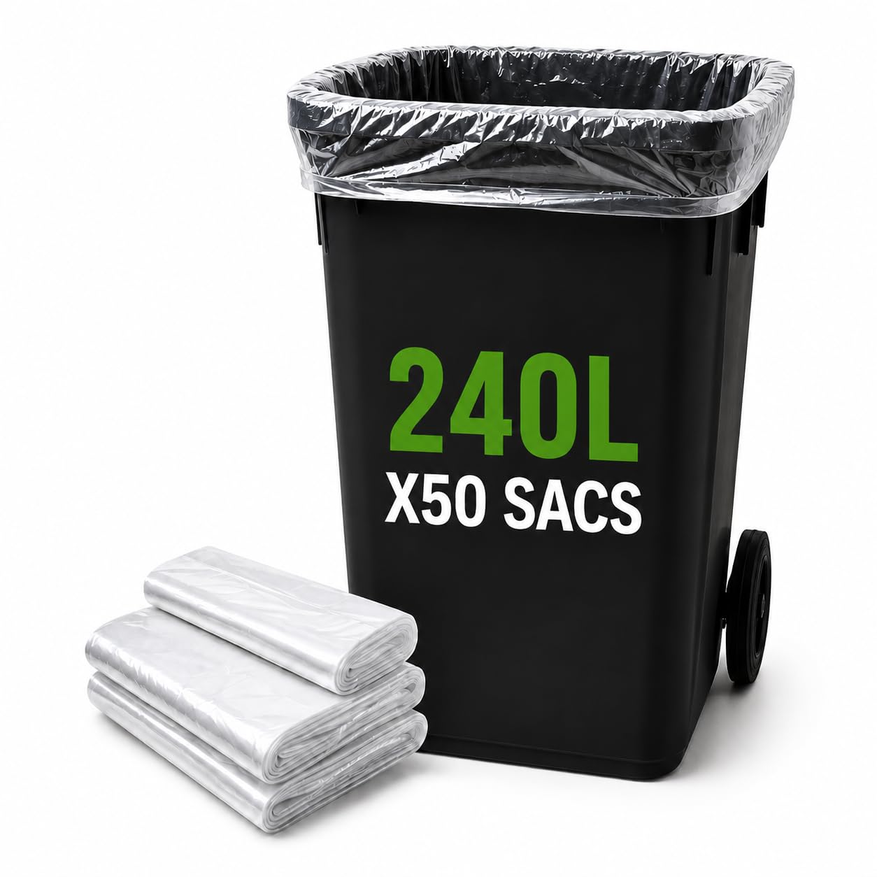 Bolsa de basura transparente de 240 litros | 50 bolsas de basura 240 l | Resistente (30 µ) | Para contenedores de basura 2 ruedas | Clasificación selectiva de residuos | Protección contra fugas - Anti