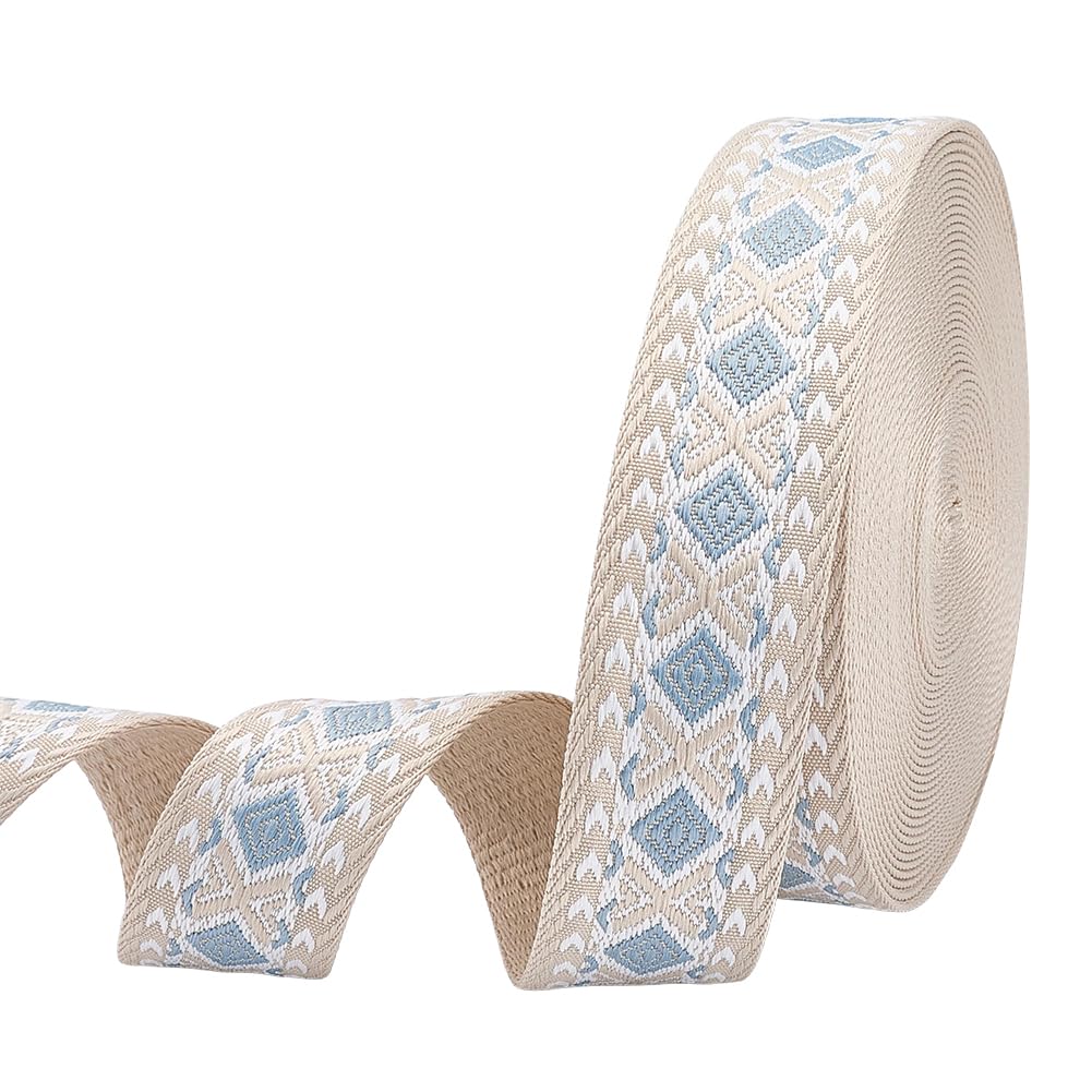 OLYCRAFT 38mm Webbing Strap Fabric 11.4m Ethnic-Style Woven Ribbon Rhombus Pattern Woven Trims Cotton Webbing Strap Steel Blue Jacquard Ribbon for Crafts Sewing Clothing Purse Making
