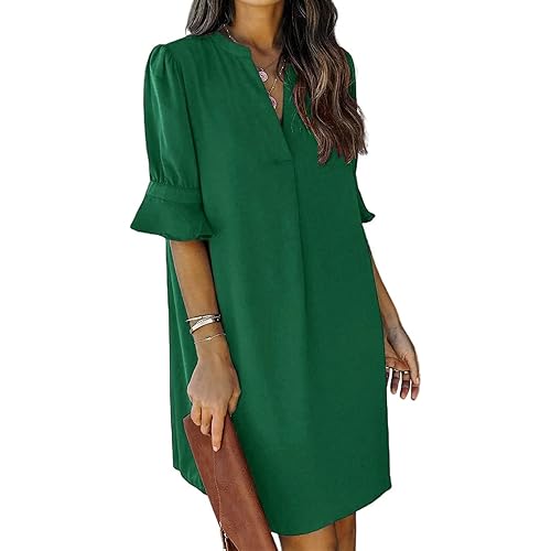 QACOHU Womens V Neck Ruffle Short Sleeve Simple Solid Color Casual Summer Dress