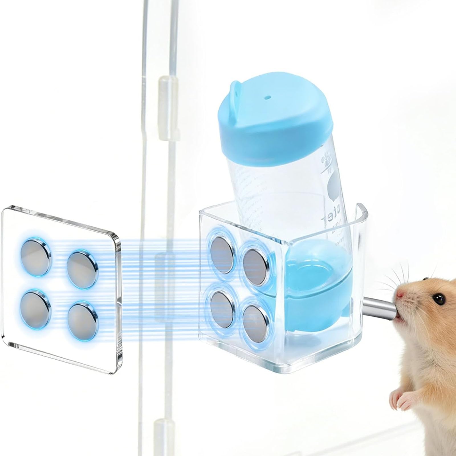 Hsuxugy 2-Piece Hamster Water Bottle with Stand, 80ml Capacity Magnetic Holder Set, Fits bottles up to 5cm dia, height adjustable. Guinea Pig Water Bottle for Glass Tanks and Small Pet Cages