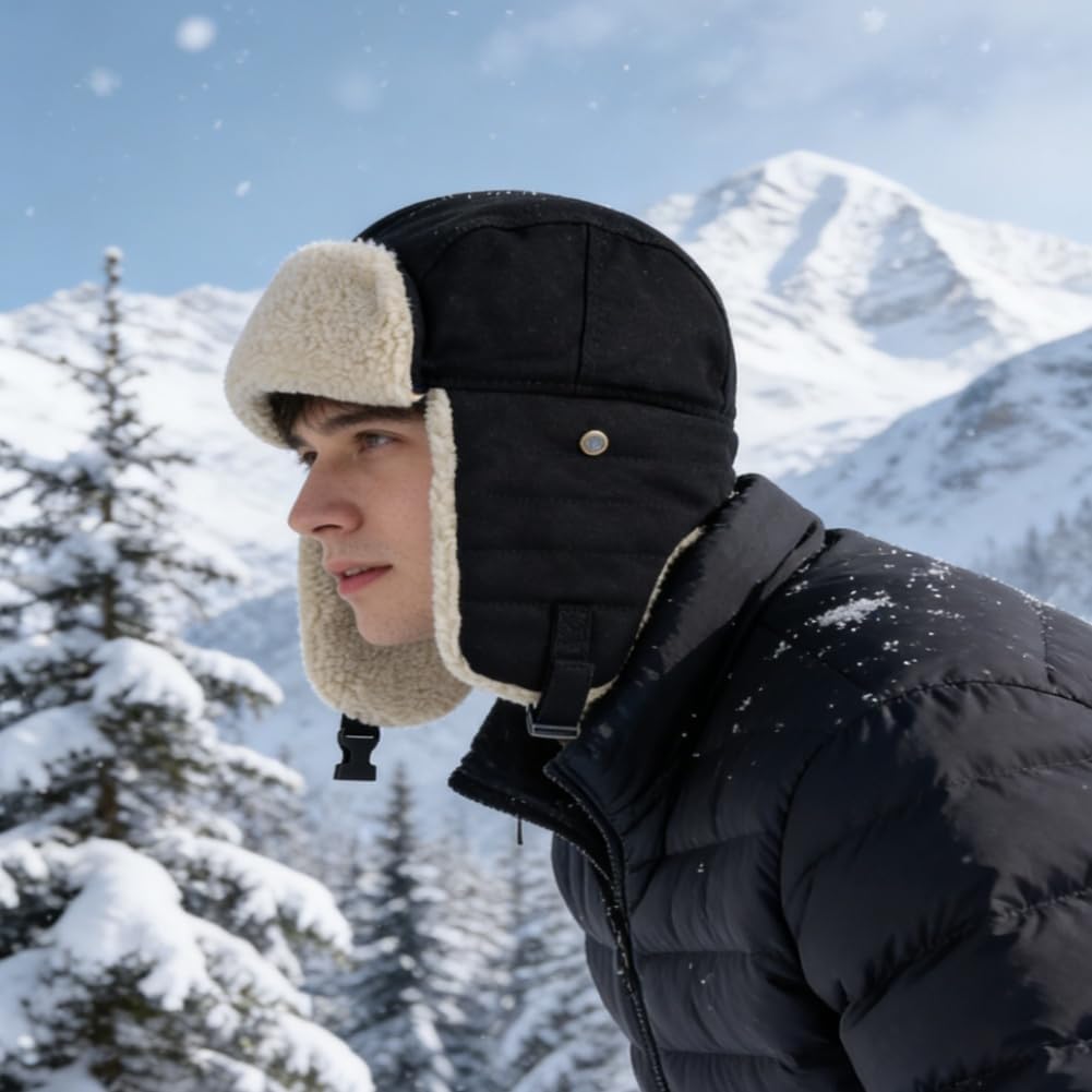 Cold Weather Trapper Hat Warm Sherpa Fleece Winter Hats for Men Windproof Earflap Cap Hunting Ski Outdoor Hat Head Warmer