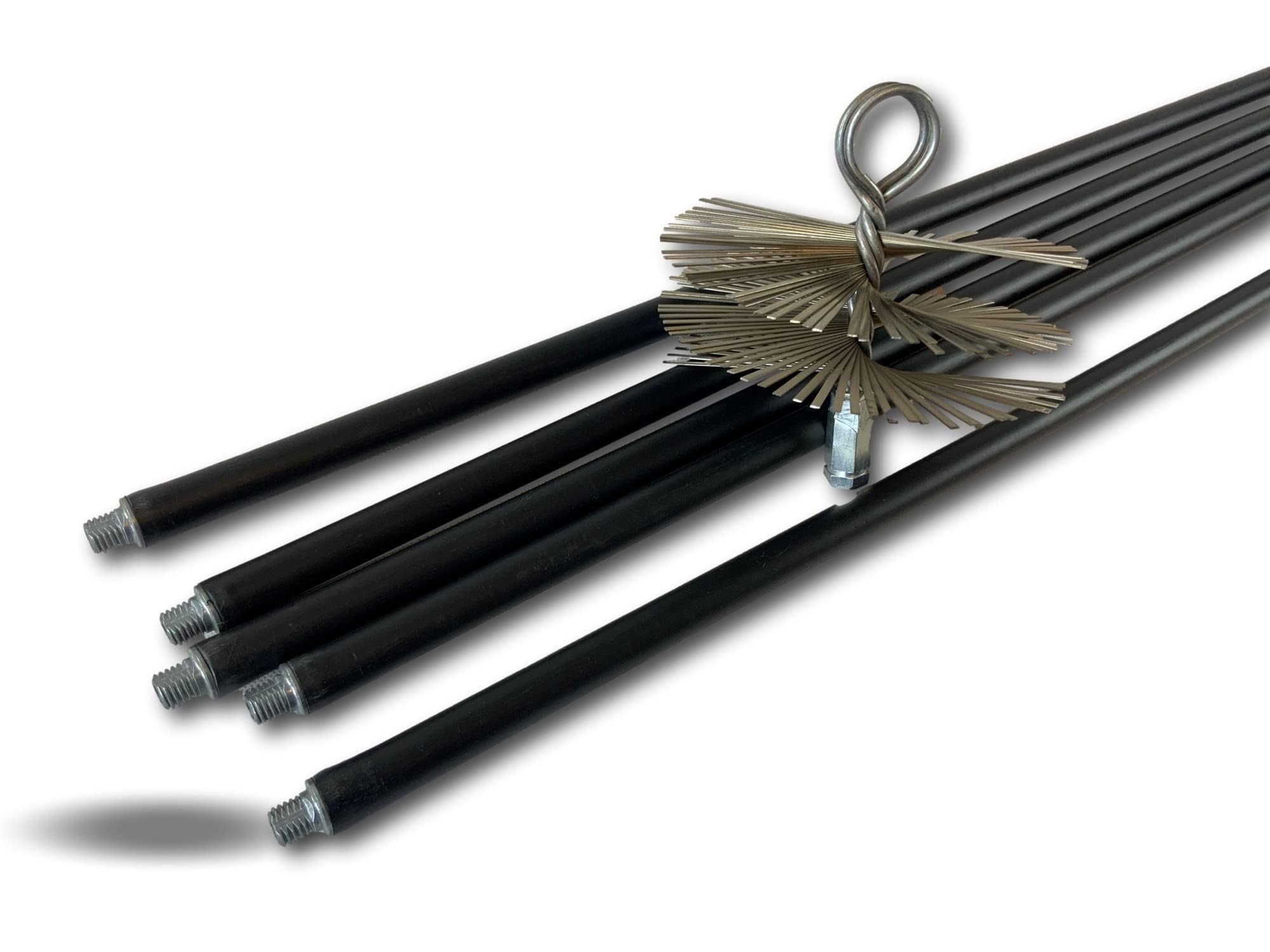 Kibros Kit spazzacamino classico non intubate acciaio Ø 180 mm 5 aste | Scovolo in acciaio piatto, 5 aste nere cave Ø 17 mm, 5×1,4 m per un totale di 7 m.