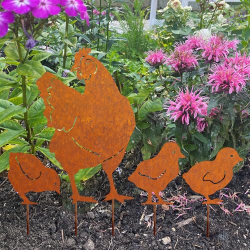 JYUECIAN Hühner Gartenstecker 4er Ostern Rost Deko Gartendeko für Draußen, Edelrost Metall Huhn Küken Roststecker Bauernhof Frühling Deko