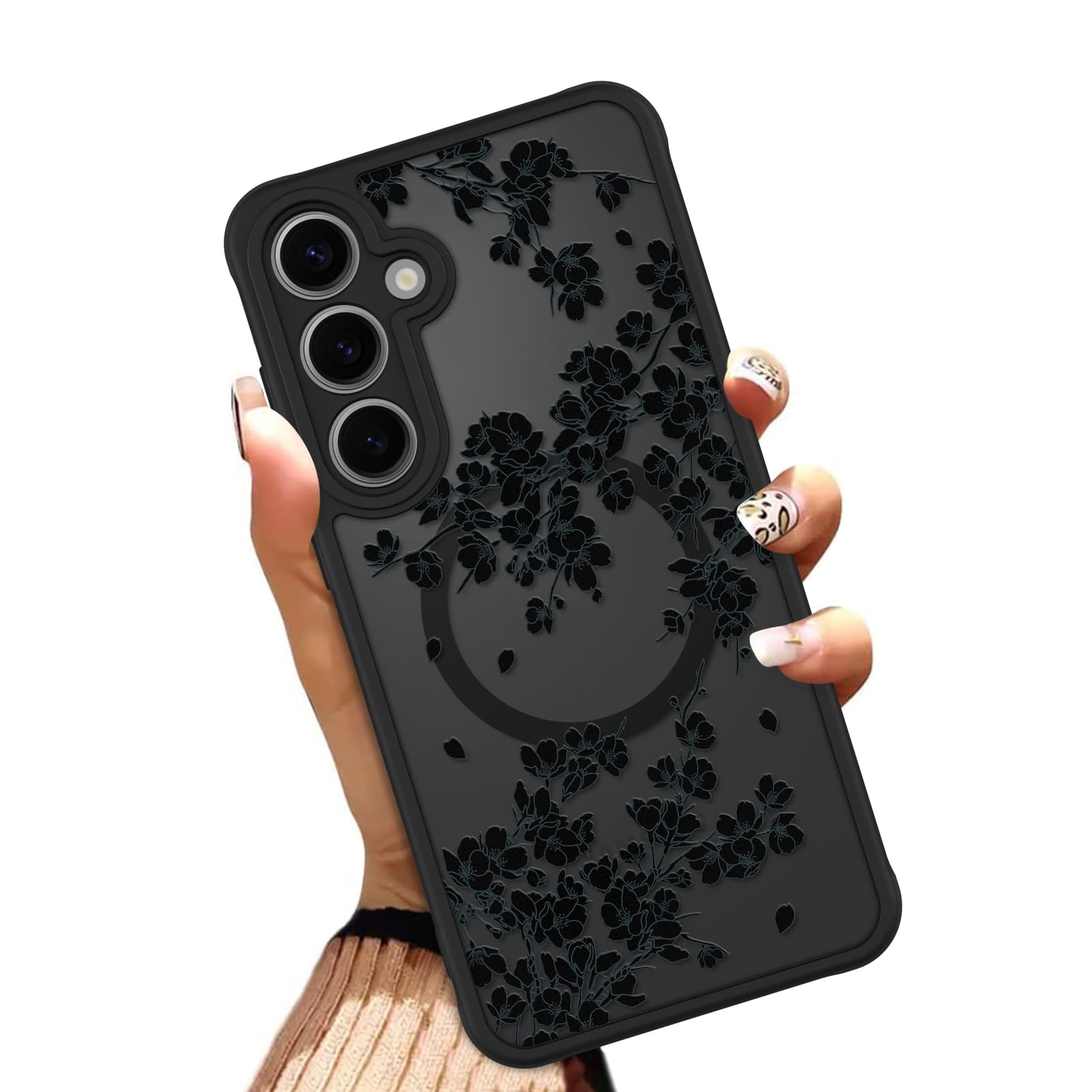 OOK Case Fit for Samsung Galaxy S24 FE 6.7 in (Wireless Charging Compatible) Black Flowers Floral Design Phone Cover Soft TPU + Hard PC Anti-Scratch