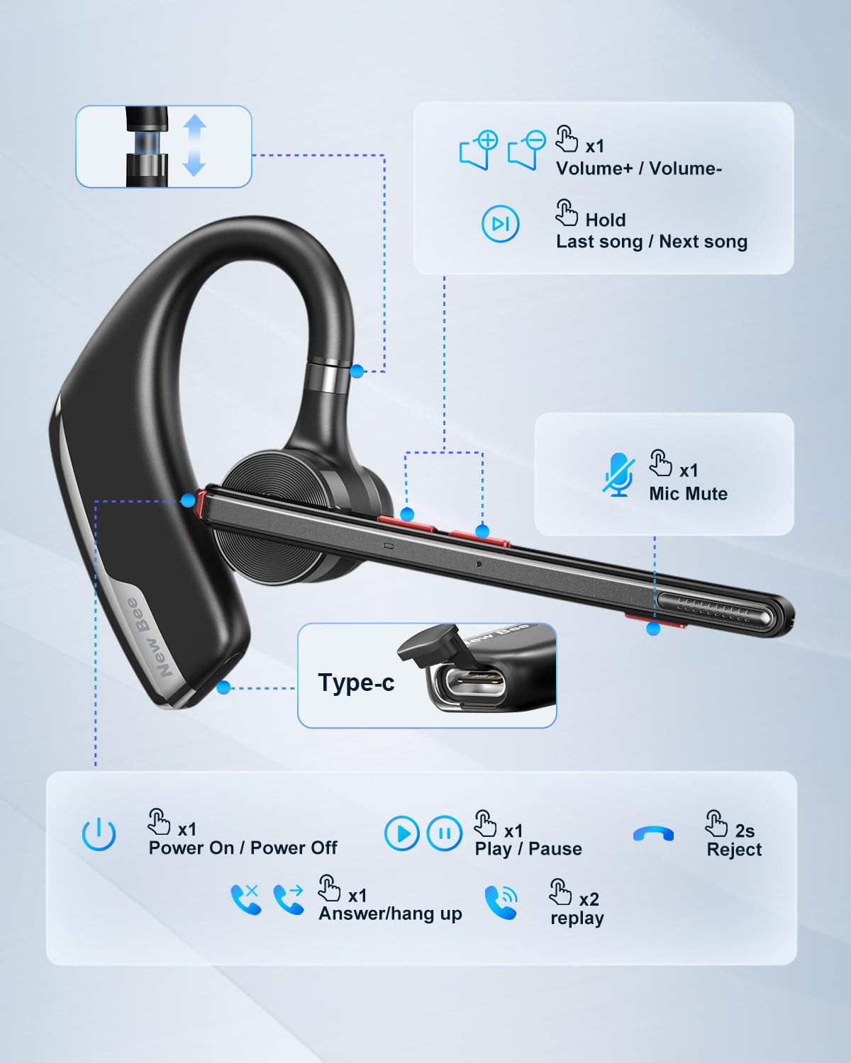 New Bee Auricolare Bluetooth Singolo V5.2 Auricolare Bluetooth con CVC8.0 e ENC Doppio Microfono con Custodia di LED Ricarica per Ufficio, Lavoro, Guida