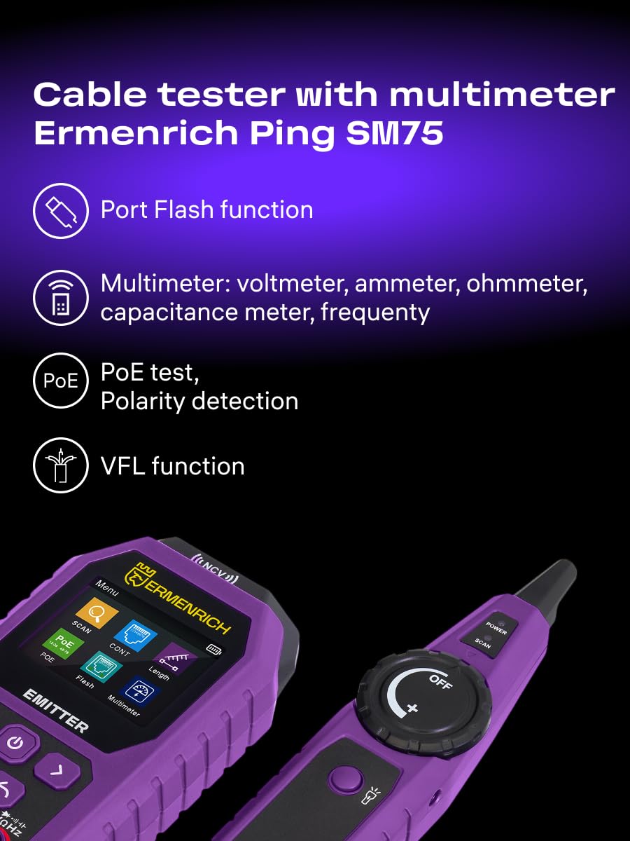 Ping SM75 Tester Cables de Red PoE NCV Longitud CAT5/6 | Tester Multifunción Recargable con Multímetro, Voltímetro, Ohmímetro, Amperímetro, Puerto RJ45 STP/UTP y Pares Trenzados