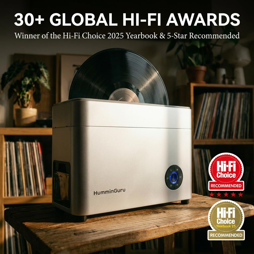 HumminGuru Ultraschall-Schallplattenreiniger – 40-kHz-Ultraschall-Schallplatten-Reinigungsgerät mit automatischer Trocknung, schallplatten reinigungsset mit wasserfilter (Weißer Sand, 7/10/12 Zoll)